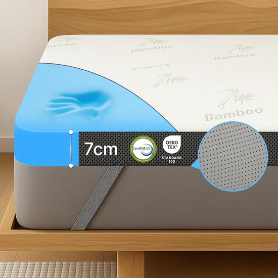 Surmatelas de 7 cm d'épaisseur, avec mousse à mémoire de gel bleue, housse en bambou avec imprimé bambou vert et base antidérapante.