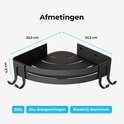 Zwart hoekdouche rek met afmetingen 22,5 cm x 22,5 cm x 4,5 cm.