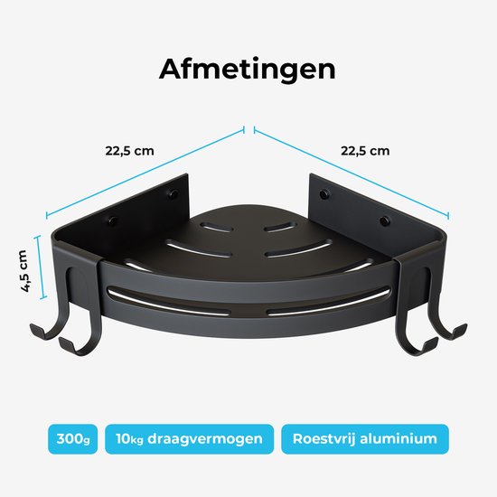Zwart hoekdouche rek met afmetingen 22,5 cm x 22,5 cm x 4,5 cm.