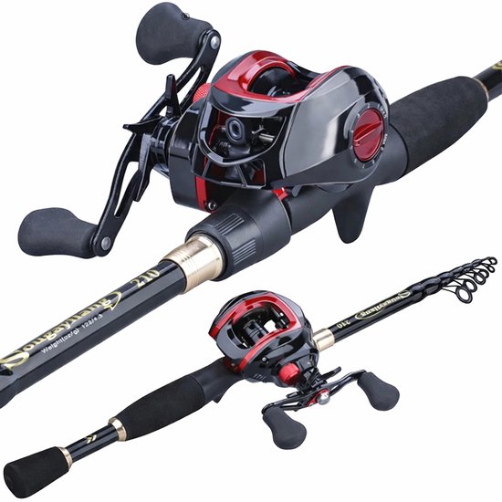 HOB Telescopische Vishengel met Molen - Hengelset - Werphengel - Carbon - 1,8 m - Vishengel set - Hengelsport - Zwart Rood - Vis Hengel