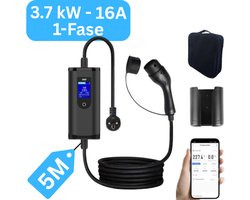 Premium 3.7 kW Mobiele thuislader elektrische auto Type 2 met mobiele App | 5 meter | 16A 1-fase | Instelbaar van 6A-16A | Met gratis houder & tas | Uitgesteld laden | 2 jaar garantie | IP65 Waterdicht | Mobiele lader vanaf stopcontact (schuko)