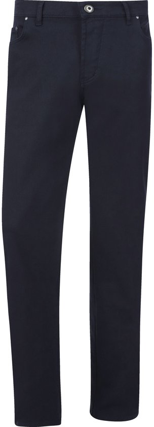 Donkerblauwe broek in een recht model, plat getoond tegen een witte achtergrond.