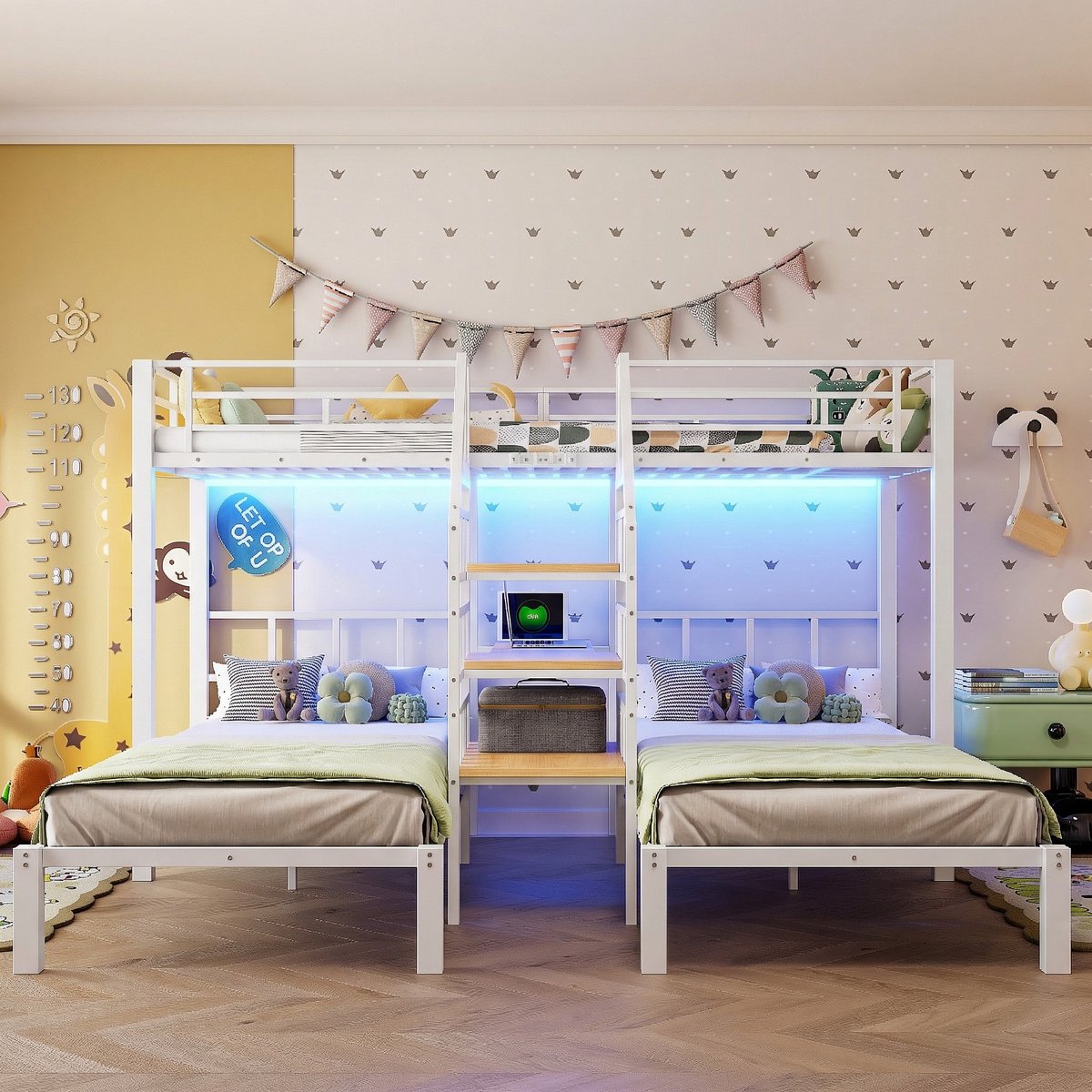 Vvbv Stapelbed 3 Personen 90x200 cm met Bureau, Opbergtrap, LED & USB - Wit Metaal en MDF