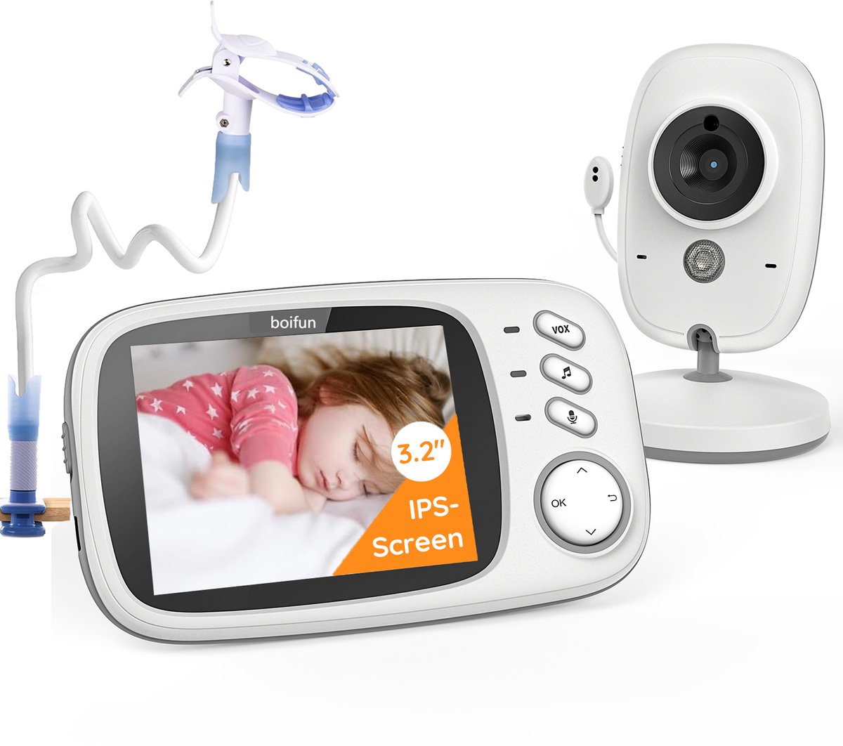 BOIFUN Babyfoon met Camera - 3.2” Scherm - Automatisch Nachtzicht - Terugspreekfunctie - Energiebesparing - Ingebouwde Slaapliedjes - Zonder WiFi - Inclusief Flexibele Houders