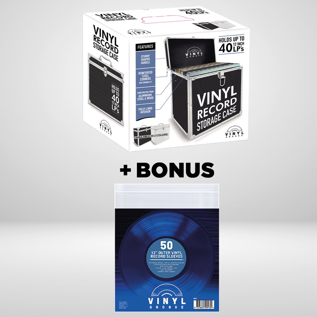 Bundel: 12" Aluminium 40 LP Record Case - Silver + 12” Outer Vinyl Record Album Sleeves 50 pcs / pack Bonus