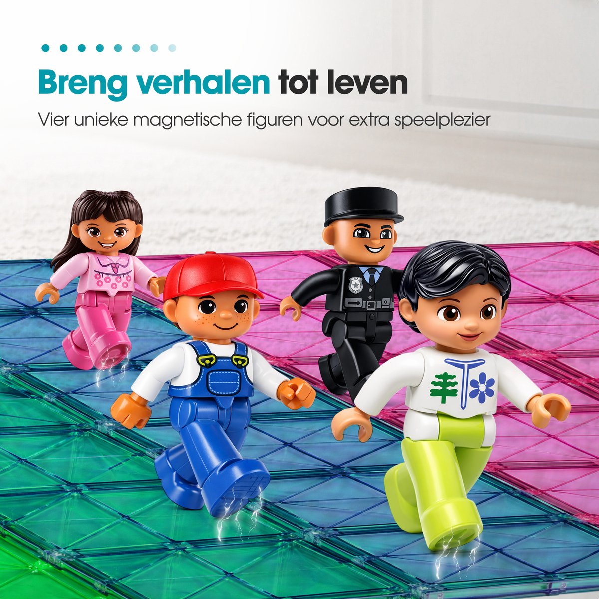 Magnetic tiles - XL 129 stuks - Magnetische tegels - Speelgoed - Magneet tegels - Montessori - Bouwstenen - Travel set - Constructiespeelgoed - Met 4 magna poppetjes — afbeelding 3