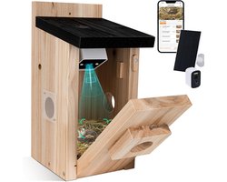 Houten Vogelhuis met 5MP Nachtzicht Camera, Zonnepaneel, APP-verbinding, Wand- en Vrijstaand Gebruik, Slim Vogelhuis voor Livestream & Bewegingsdetectie, DIY Ontwerp, Voor Buiten en Tuin