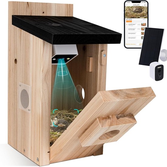 Houten Vogelhuis met 5MP Nachtzicht Camera, Zonnepaneel, APP-verbinding, Wand- en Vrijstaand Gebruik, Slim Vogelhuis voor Livestream & Bewegingsdetectie, DIY Ontwerp, Voor Buiten en Tuin