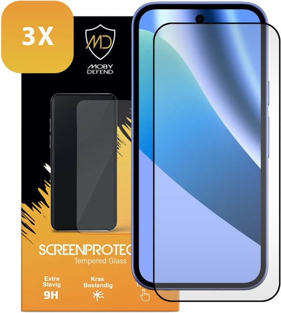 3-pack Moby Defend screenprotectors van gehard glas met zwarte randen op een blauwe smartphone.