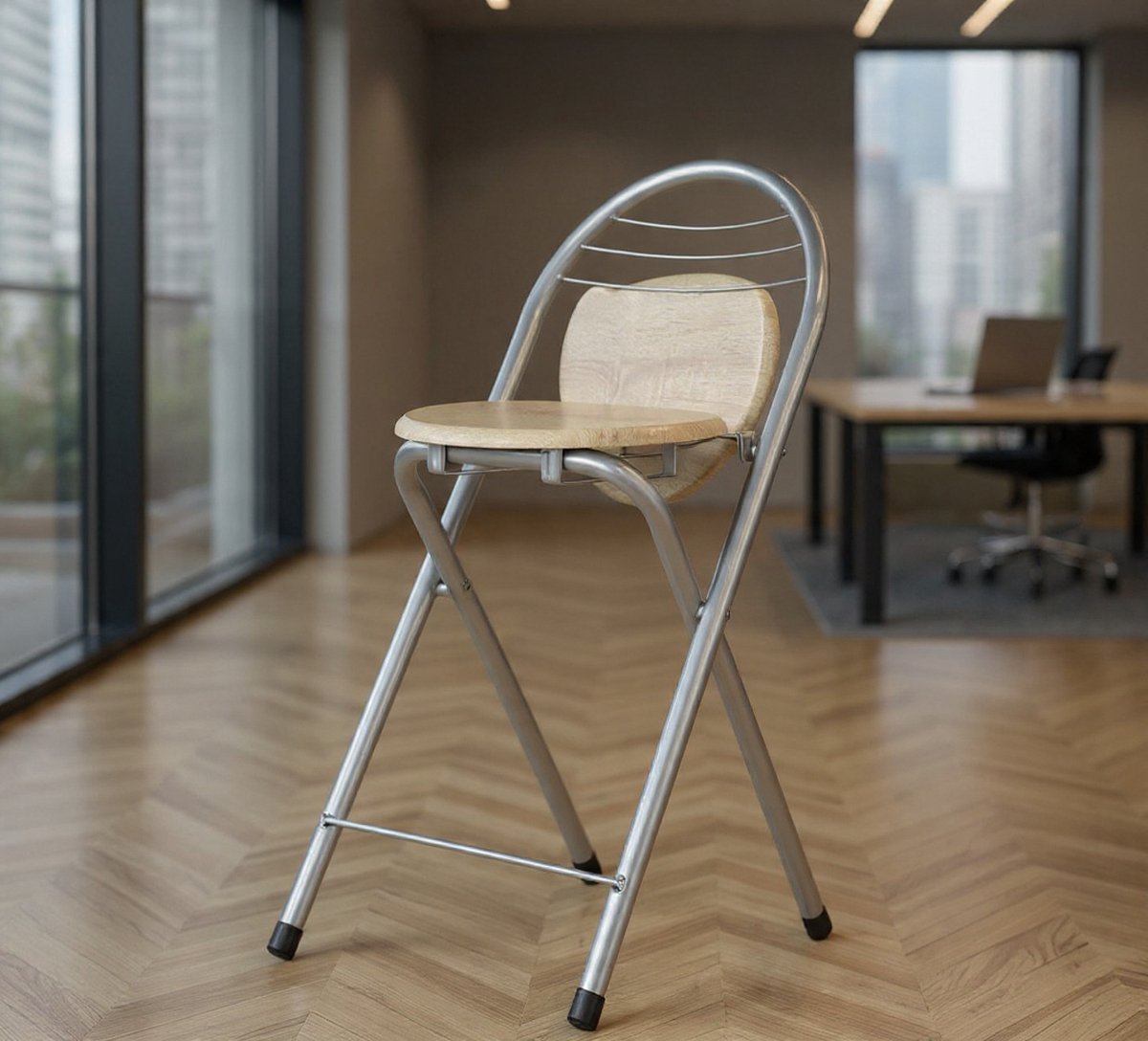 Set of 2 Folding Bar Stools, Portable Folding Stool with Backrest for Bistro, Kitchen, Patio, Outdoor, Seat Height 61 cm, Oak and Silver-Casa Serena – 61 cm – Casa Dorada