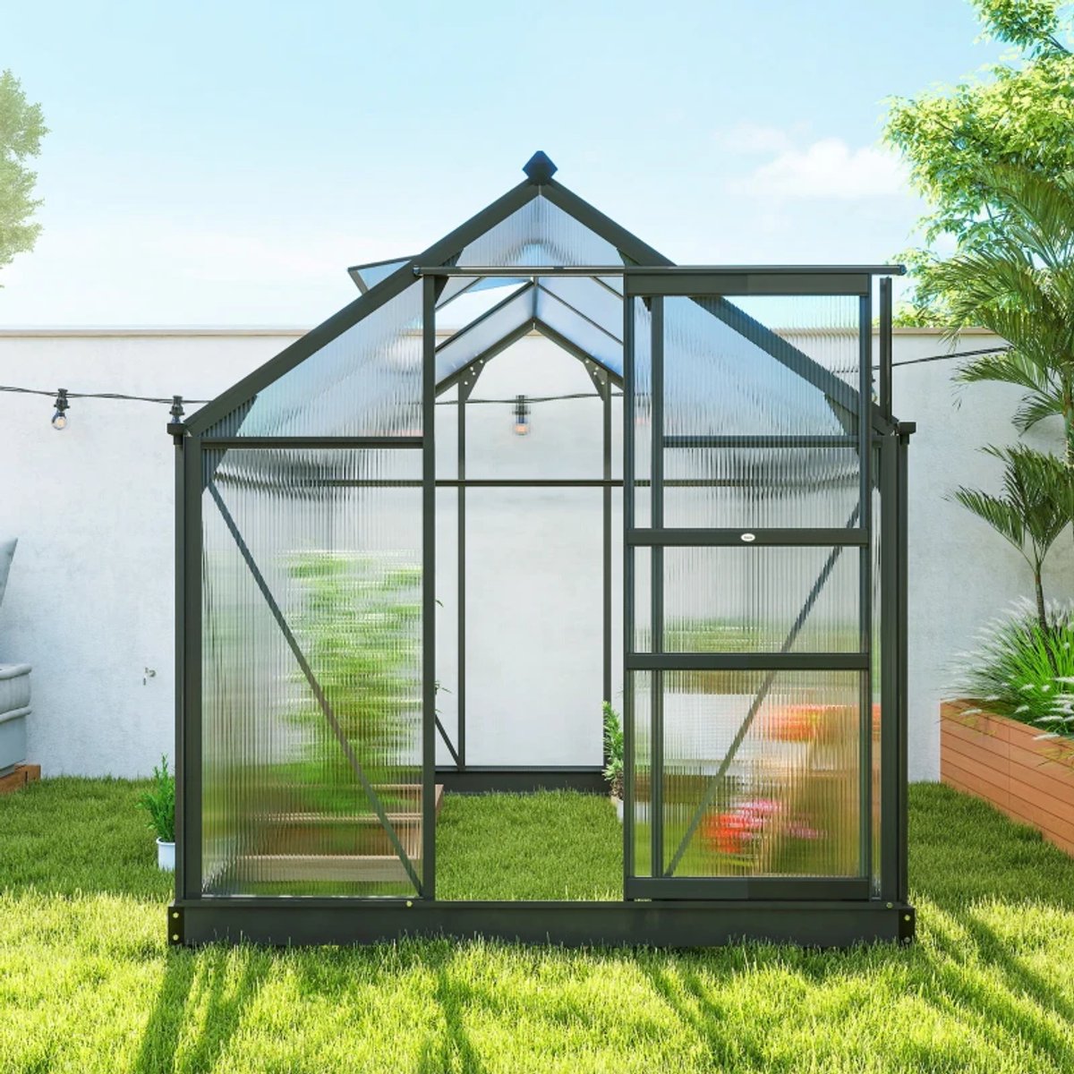 Kas met Fundering, Dakraam, Schuifdeur - UV-bestendig - 4 mm Panelen - Tuinkas - Broeikas - Kweekkas - Tomatenkas - Groentekas - Plantenkas - voor Groenten, Bloemen, Planten - 192 x 192 x 201 cm - Aluminiumlegering + Polycarbonaat – foto 7