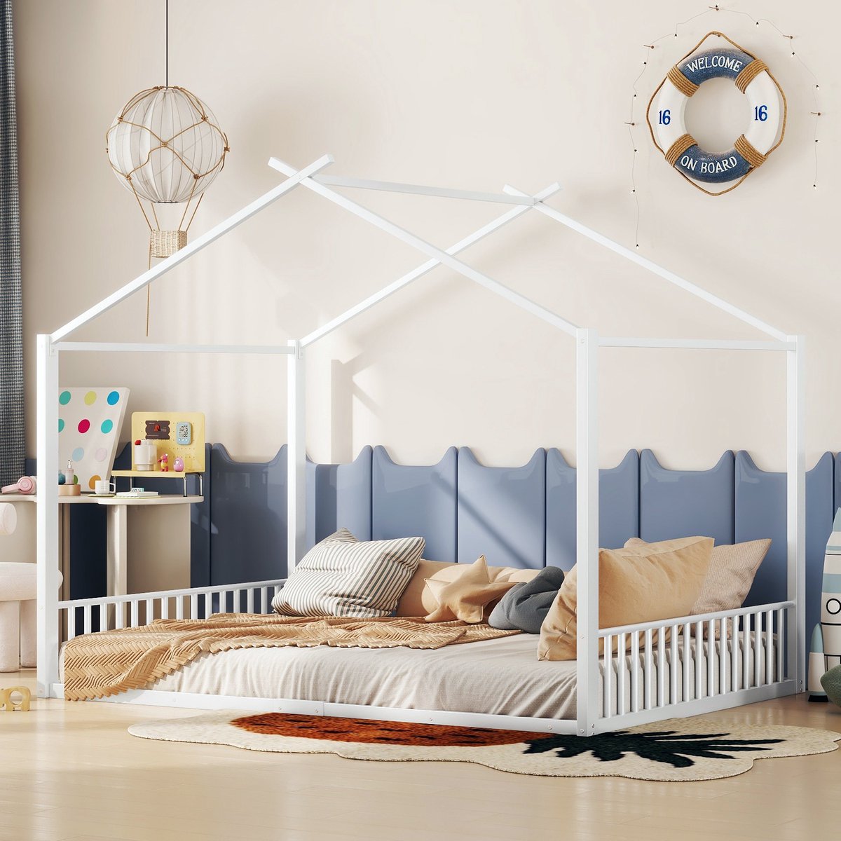 Kinderbed 140x200 cm - Metaal Met Huisvorm Bedhek - Zonder Matras - Metaal - Wit