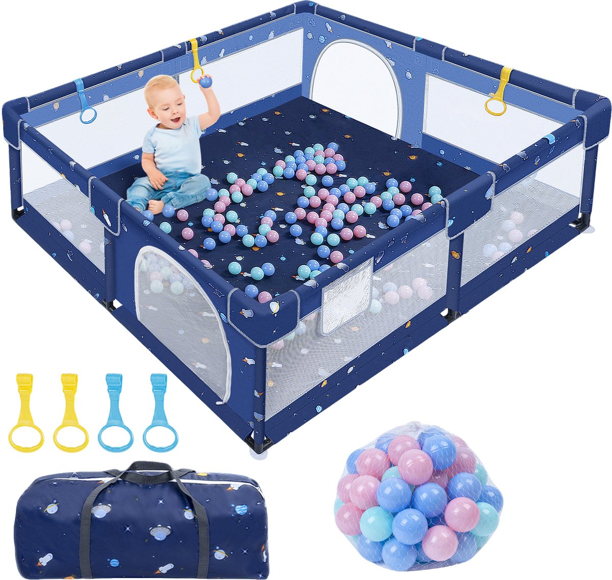 Froadp Box Baby Box Opvouwbaar activiteitencentrum Veiligheidshekje Antisliphekje Veilige speelplaats Hekje met bal 150x180x66 cm, blauw (Universum Tour)