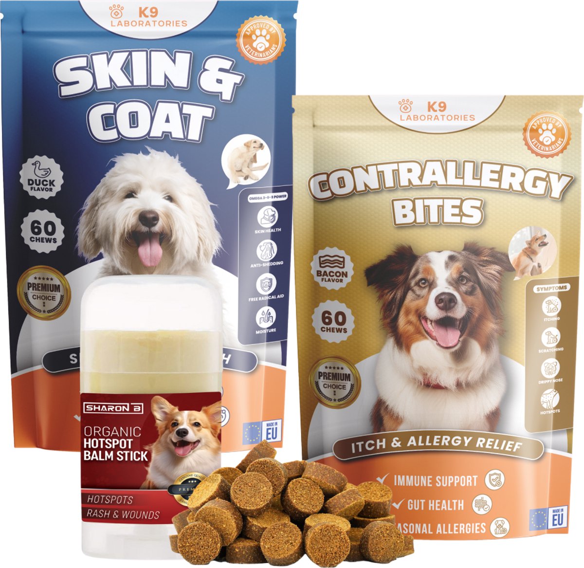 MEGA Anti-jeuk pakket Voor honden - Set van 3 - Tegen jeuk, pootjes likken, krabben aan oren - Bij allergie hond - Hotspots - Vachtverlies - Omgevingsallergie - Contact allergie - Pollen allergie - Vachtverzorging