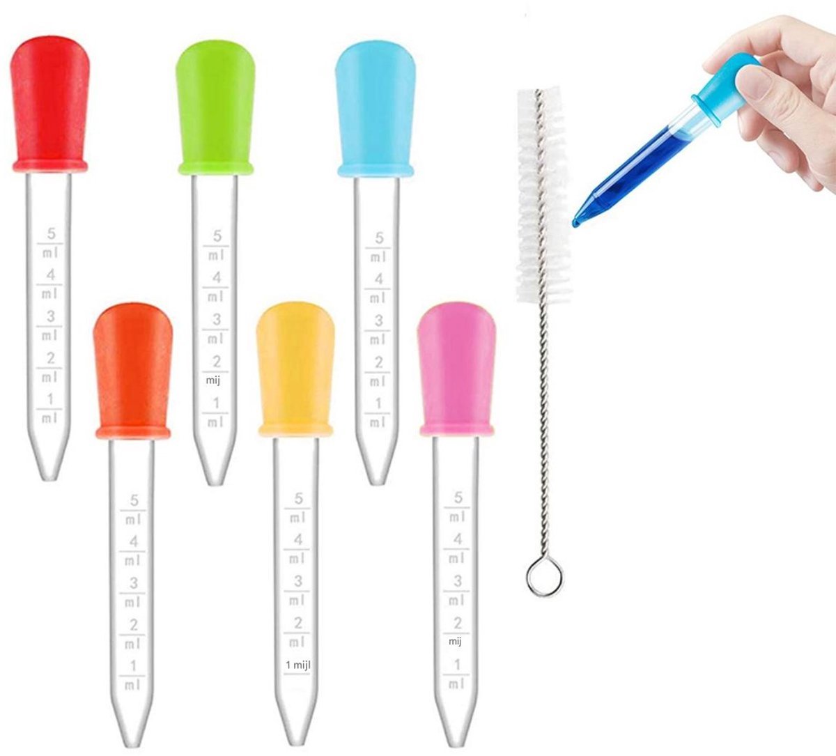 5 ml plastic gegradueerde pipet - 1 schone borstel - transparante pipet - vloeistofpipet - siliconen druppelaar