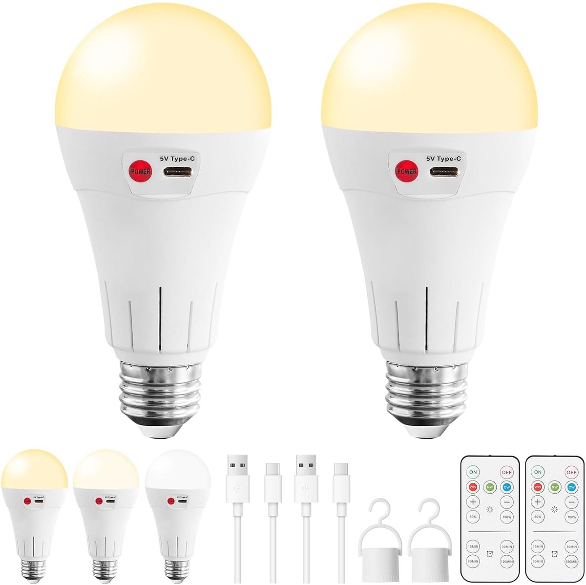 2 Stuks Oplaadbare LED Lamp E27 - Draadloos met Afstandsbediening - 2000mAh Batterij - Type-C - Dimbaar & 3 Lichtkleuren - Noodverlichting - 7W 300LM