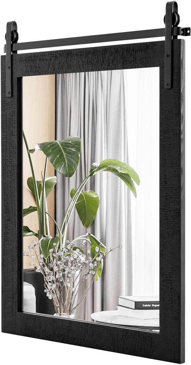 Costway vierkante spiegel met houten frame, 76.5 x 56 cm, rustieke wandspiegel, breukvaste hangspiegel met metalen standaard, voor hal, woonkamer, slaapkamer (zwart)