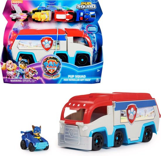 PAW Patrol The Mighty Movie - Pup Squad Patroller speelgoedtruck met Mighty Pups Chase Squad speelgoedauto