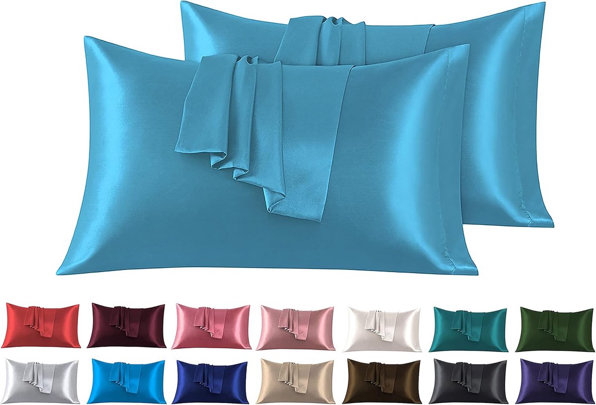 Famanu Set van 2 Satijn kussenslopen 50 x 75 cm - Zacht en Zijdig Bed Kussen Blauw - Envelop Sluiting - Anti-mijt en Hypoallergeen - Haar en Huid Bescherming sky blue