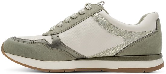 Zijzicht van een groene en witte Tamaris sneaker met veter.