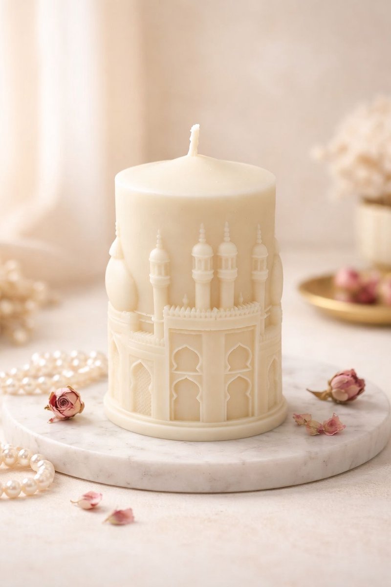 Lumen and Lux Candles Handgemaakte Pilarenkaars met Moskee Reliëf - Ramadan Decoratie 3 stuks crème / Ivoor