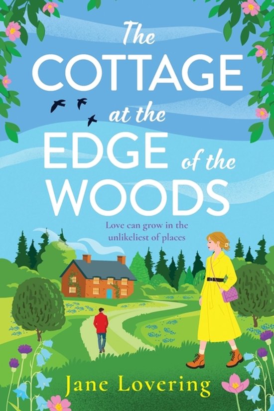 Boekomslag van 'The Cottage at the Edge of the Woods' door Jane Lovering. Een vrouw in een gele jurk loopt weg van een cottage.
