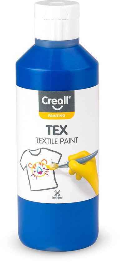 Bouteille de peinture textile bleue Creall Tex avec illustration d'un T-shirt tête de tigre, main avec pinceau.