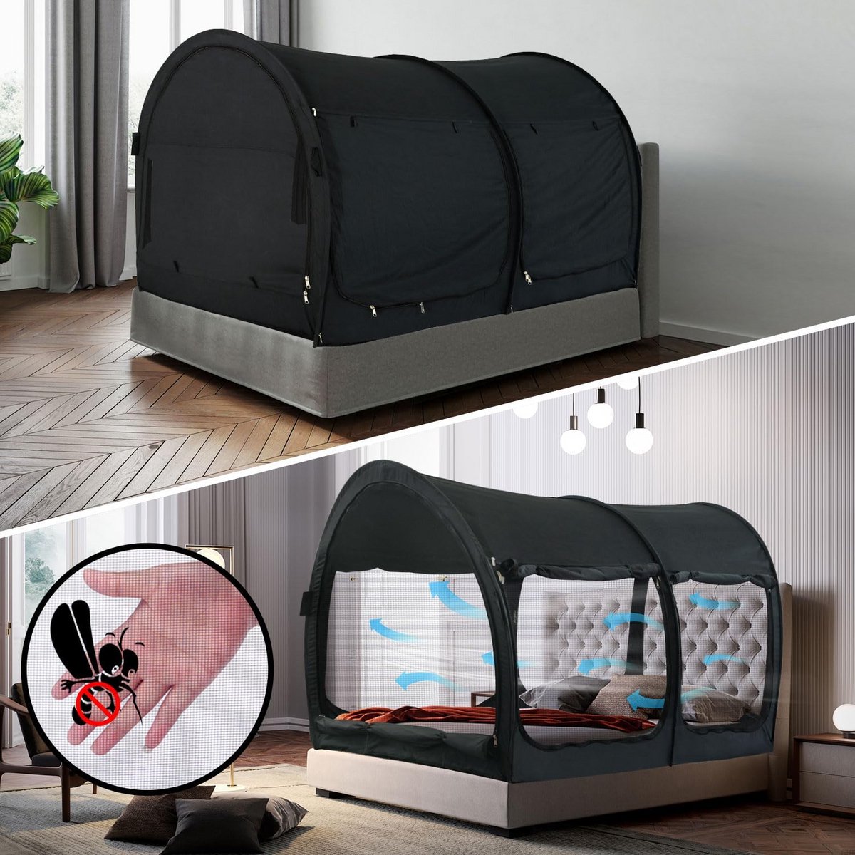 2-in-1 Bed Kooi Tent voor Volwassenen - Pop-Up Slaaptent met Privacy Gordijnen - Ademend Grijs