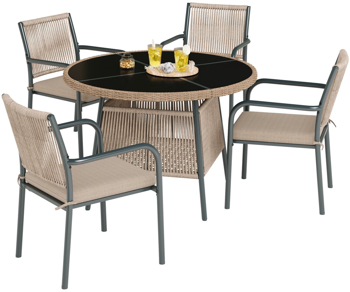 Modern tuinmeubelset van rotan, ronde glazen tafel + 4 fauteuils, ijzeren frame, geschikt voor terras/balkon/dakterras