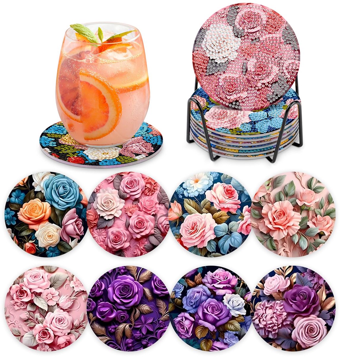 YYchan DIY Diamond Painting Onderzetters Set - 8 Stuks met Houder - Romantische Rozentuin - Handgemaakt & Hittebestendig - Perfect Cadeau