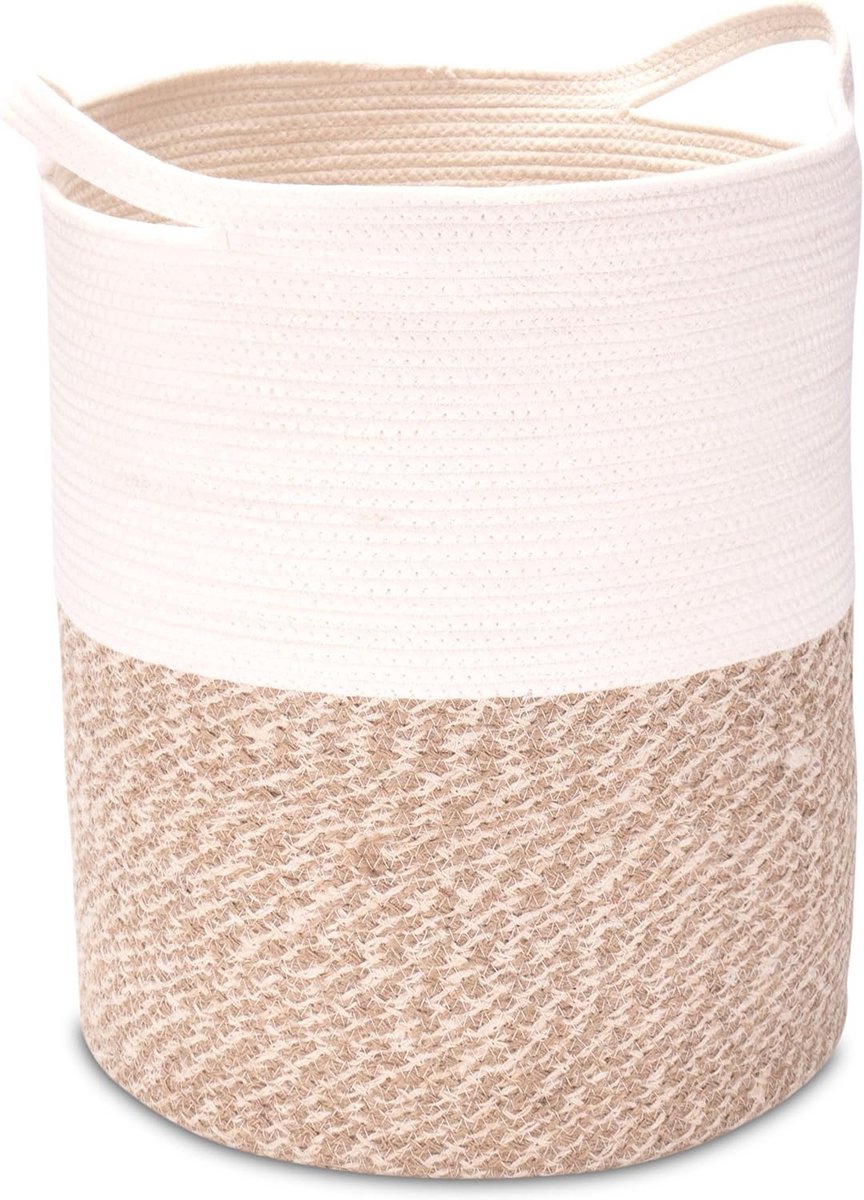 Ronde wasmand van jute en katoen met handgrepen