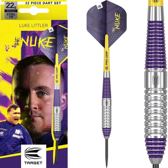 Target Darts Luke Littler Brass Steel Tip Dartset met Radiaal Gegroefde Barrels, Pro Grip Shafts in 3 Kleuren, Pro Ultra Flights en Opbergcase - 60mm Messing Barrels met Vaste Stalen Punten