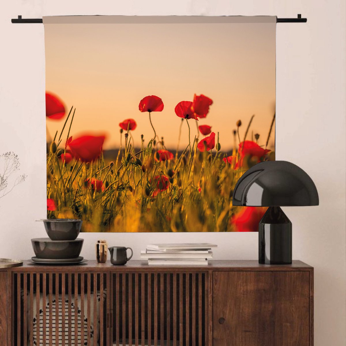 Wandkleed schilderij 120x120cm wanddecoratie "klaprozen" kendal soepel polyesterstof - "muurdecoratie woonkamer" - "wandkleden" - "interieurdesign" - "kunst aan de muur"