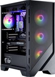 Zwarte MSI MAG Forge 120R Airflow gaming pc-behuizing met glazen zijkant, GeForce RTX-videokaart en rgb-verlichting.