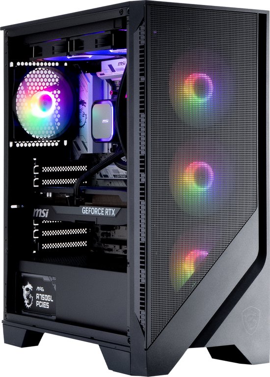 Zwarte MSI MAG Forge 120R Airflow gaming pc-behuizing met glazen zijkant, GeForce RTX-videokaart en rgb-verlichting.