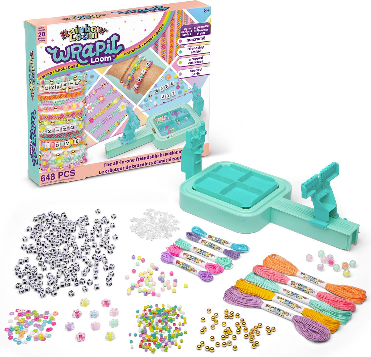 Bandai - Rainbow Loom Wrapit - vriendschap armband creatie Kit - 648 stuks Set - 20 DIY projecten - Macrame, kralen, kleurrijke draden - creatieve Hobby Gift - Kids Toy 8 jaar oud en + - CD0164