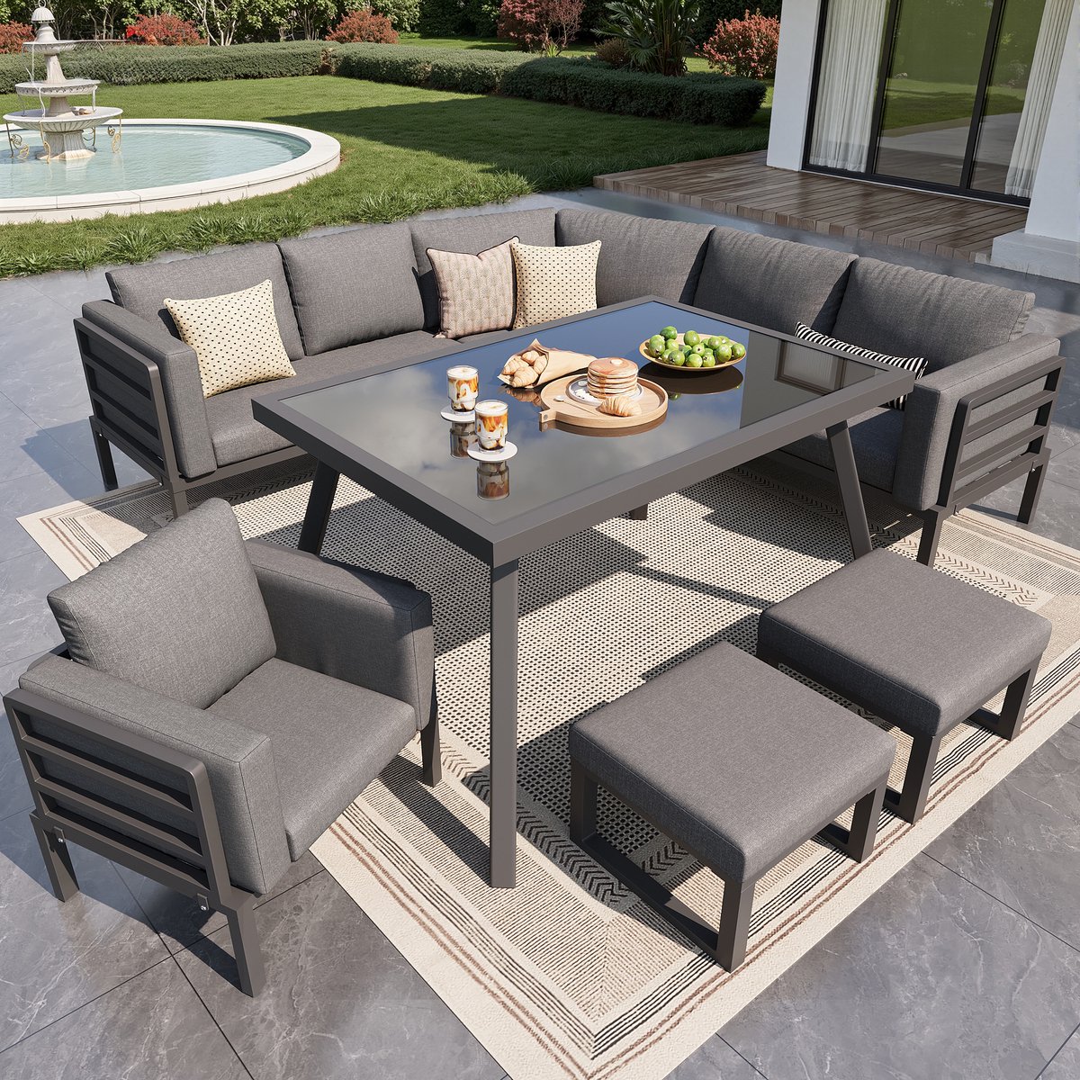Halvemaanvormige tuinbank-set voor 8 personen / stevig ijzeren frame met grijze kussens / compleet met glazen tafel, 1 fauteuil & 2 poefen / weerbestendige terrasmeubelen voor balkon