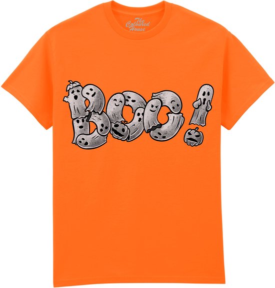 Oranje t-shirt met "Boo!" in spookjes en pompoenen print.