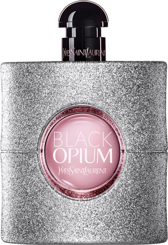 Fles Yves Saint Laurent Black Opium Eau de Parfum Glitter, volledig bedekt met zilveren glitter.