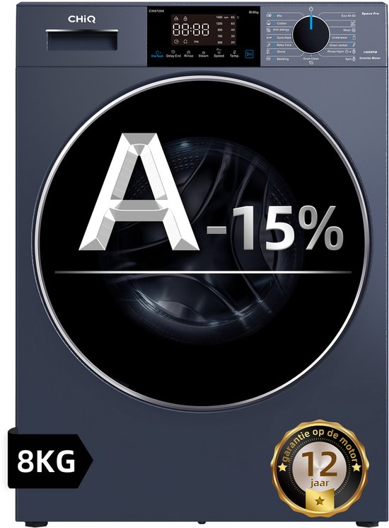 CHiQ CW8728X - Wasmachine - 8 KG - Space Pro - Energieklasse A-15% - Plat ingebouwd-16 programma's - AI Smart - 12 jaar garantie op motor - 2026 Nieuw