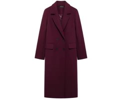 Dames Lange Winterjas Bordeaux – Dubbelrijige Mantel met Reverskraag – Elegante Wollen Look Jas voor Herfst & Winter XS