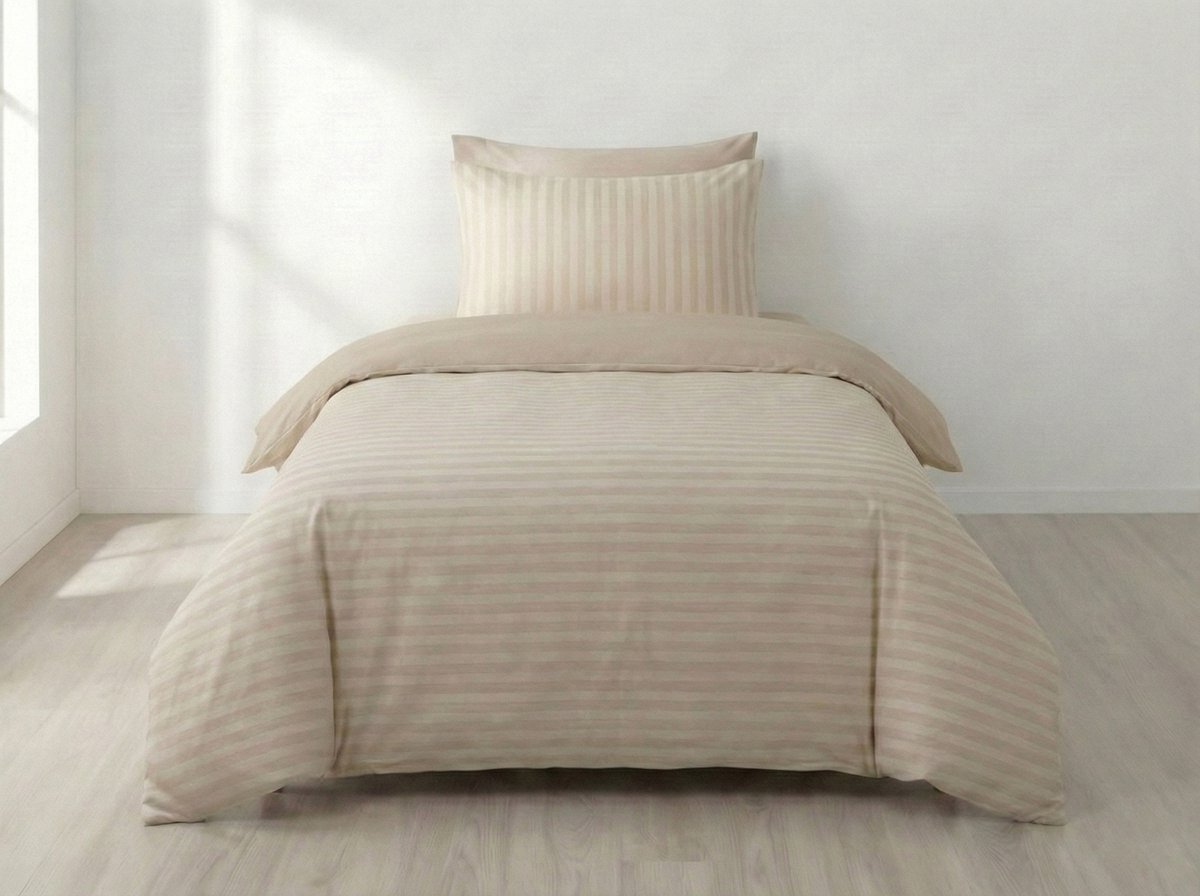 Blanche & Nuit Dekbedovertrek 140x220 - Inclusief 1 Kussensloop - Hotel Chique Satijn Streep - Strijkvrij (Oeko-Tex) - Beige