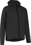 Zwarte fietsjas met capuchon en rits, met een klein zwart logo op de borst.