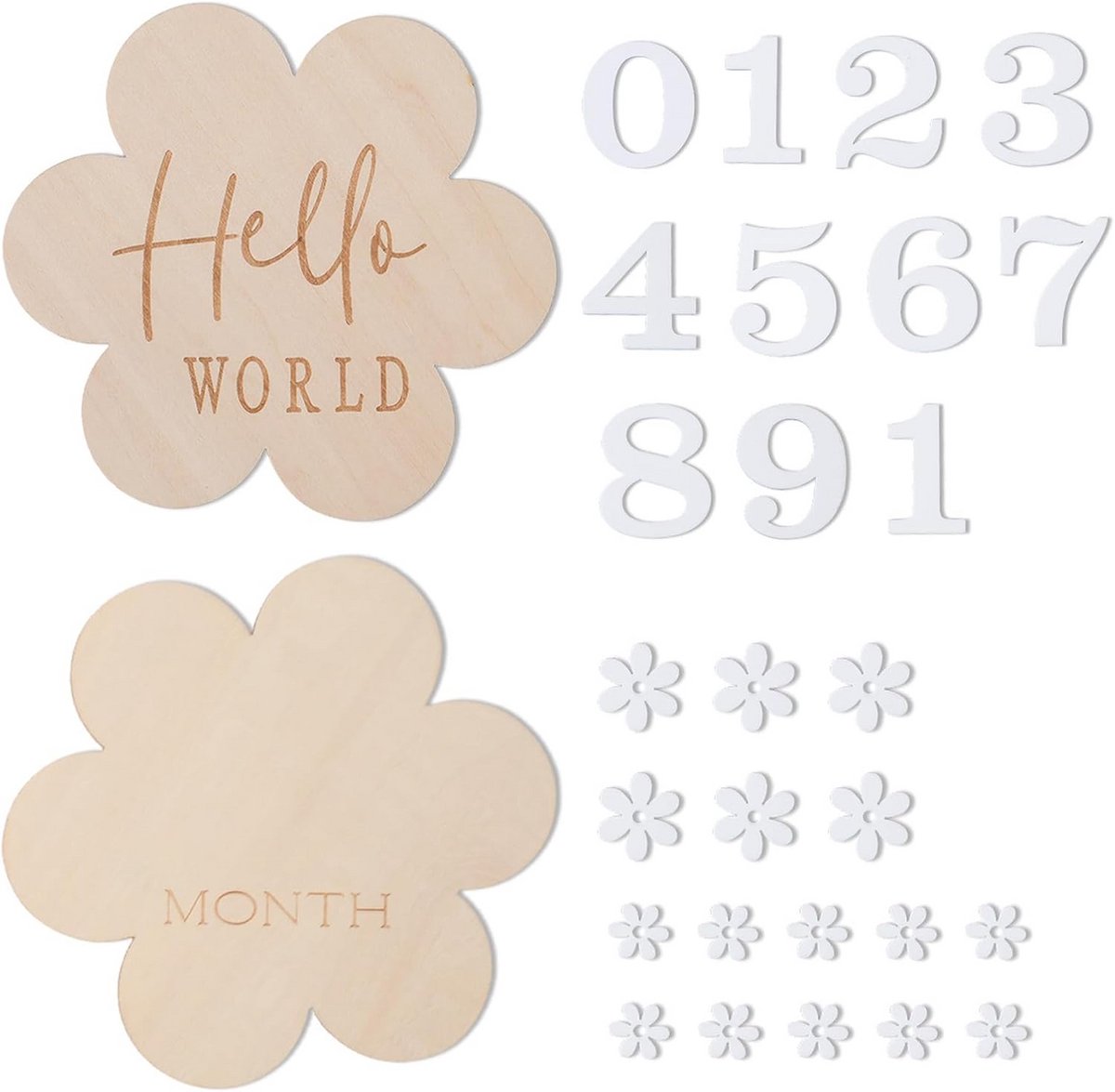 Mijlpaalkaarten Set voor Babyfoto's - Houten Kaarten 1-12 Maanden - Bloemendecoratie - Neutraal voor Jongens en Meisjes