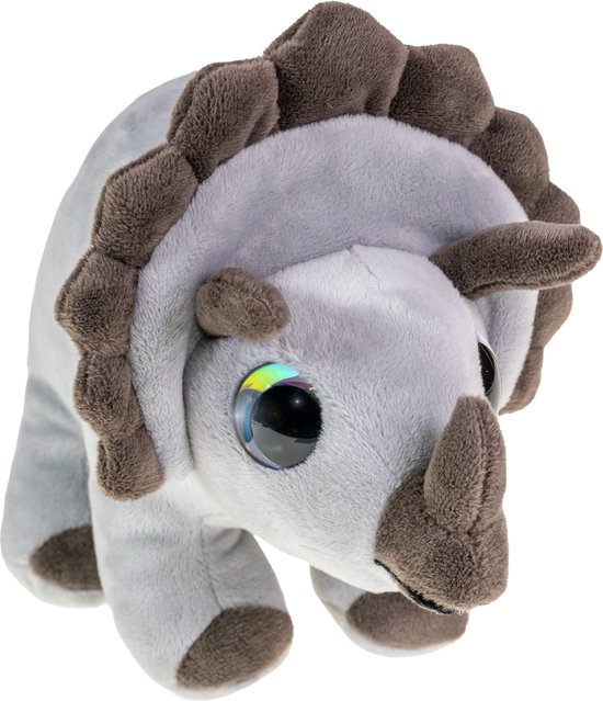 Grijze triceratops knuffel met bruine hoorns en staart.