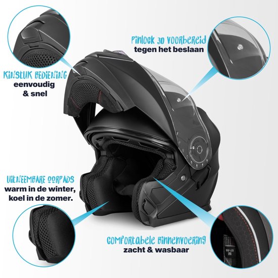 Zwarte systeemhelm met kinband bediening, uitneembare oorpads en pinlock voorbereid vizier.