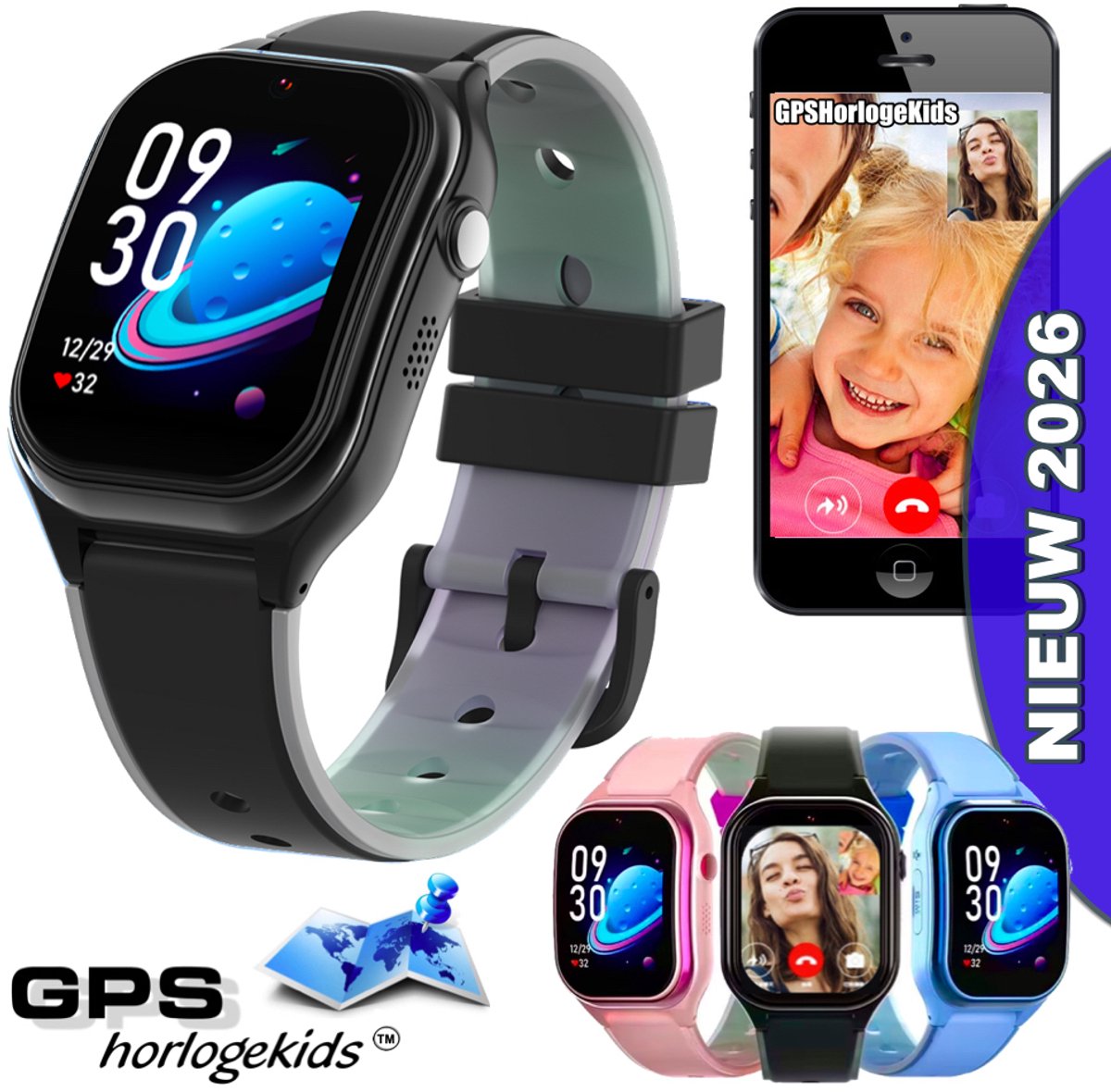 GPSHorlogeKids© - smartwatch kinderen - GPS horloge kind - kleinste model 2026 - kinder smartwatch - 4G videobellen - SOS alarm – veilige zone - klasse tijd - alarm - spatwaterdicht - hartslag - incl. SIM - CURVE zwart