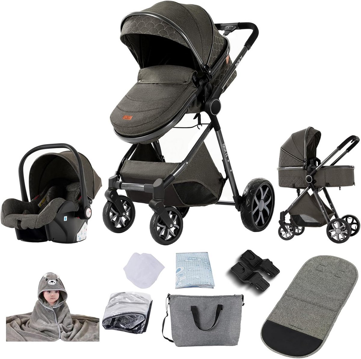 3-in-1 Kinderwagen Set met Omkeerbare Buggy en Eenvoudig Vouwsysteem