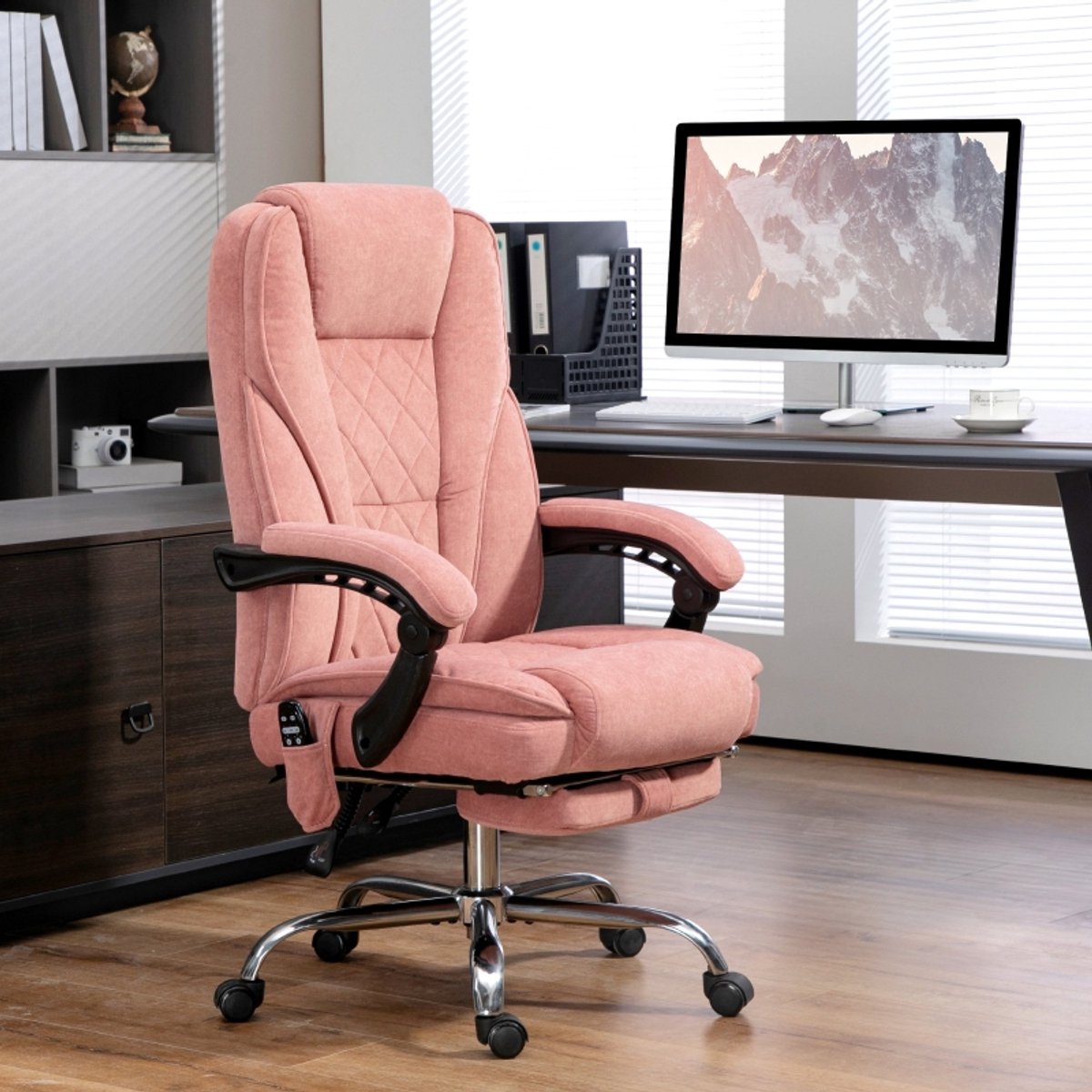 OKWISH Bureaustoel 67 X 72 X 111 119 Cm - Trilmassage Met Warmte, 135 Graden Kantelbaar - Met Voetsteun En Afstandsbediening - Polyester - Roze