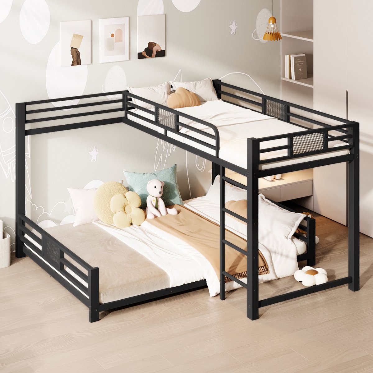 OKWISH Stapelbed 90x200cm Over 140x200cm – L Vorm – Met Veiligheidshek – Ruimtebesparend – Metaal – Zonder Matras – Zwart